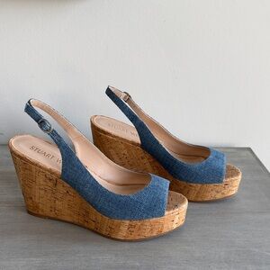 NEW Stuart Weitzman Denim Blue Cork Wedges Sz 11